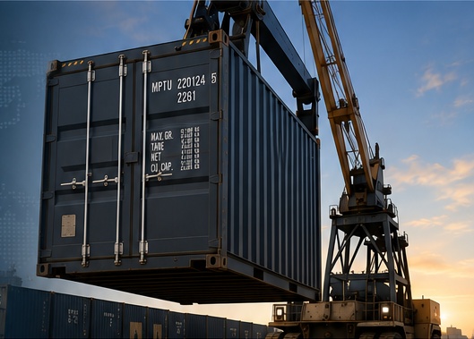 Closed 20-foot shipping container being handled at port