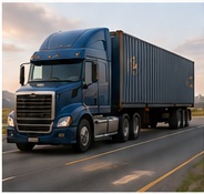 Tractor trailer transporting a container
